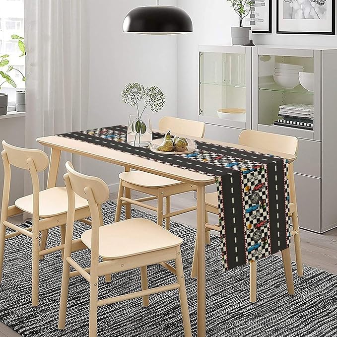 Race Car Table Runner,Checkered Flag Black and White Race Cars Pattern Print Tablecloth Burlap for Hotel Indoors Outdoor Dining Room Kitchen Home Decor,W13X L90 in