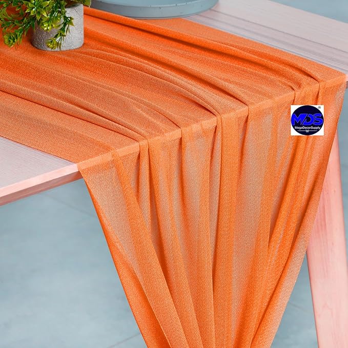 MDS 10 Pack 10ft Chiffon Table Runner 29 x 120 Inches Sheer Wedding Runner Romantic Rustic Table Runner for Wedding Decorations, Birthday Parties, Bridal Shower Party Arch Decor - Orange