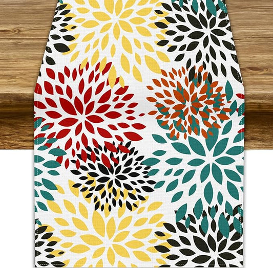 Green Red Dahlia Flower Table Runner Chrysanthemum Geometric Kitchen Dining Bedroom Living Room Table Decor for Indoor Outdoor Home Party, 13x108 Inch