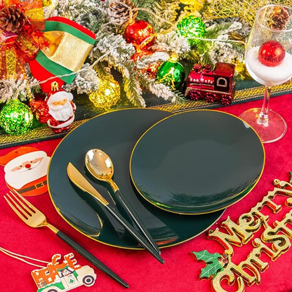 Liacere 150PCS Green Plastic Plates - Gold Plastic Silverware with Green Handle - Heavy Duty Fancy Plastic Plates Disposable Include 30 Guests Plates, Forks, Spoons, Knives for wedding＆Labor Day