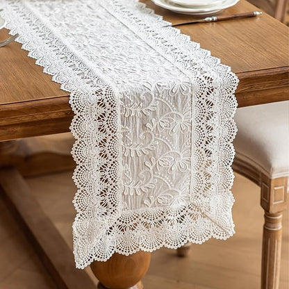 White Elegant Vintage Lace Table Runner,Wedding Lace Decor with Floral Embroidery,Tea Party Decor (White, 13.8X71 Inches)
