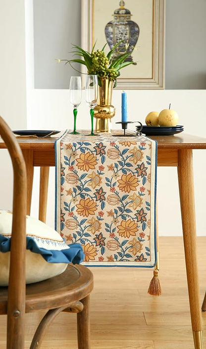 ISAENNE Designer Bohemian Elegant Linen Table Runner 102 Inches Long,Floral Pattern Duable Decor Table Runners for Dining Tables,Thanksgiving,Kitchen Tables,Christmas,12"*102"-Estevan B