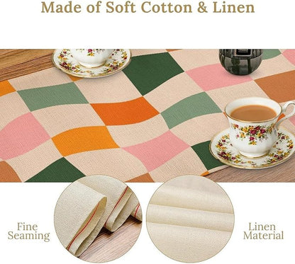 Hippie Table Runner, Vintage Geometric Square Orange Green Pink Grid 60s 70s Style Kitchen Dining Room Decor for Indoor Outdoor Wedding Party Table Runner 13x120 Inch