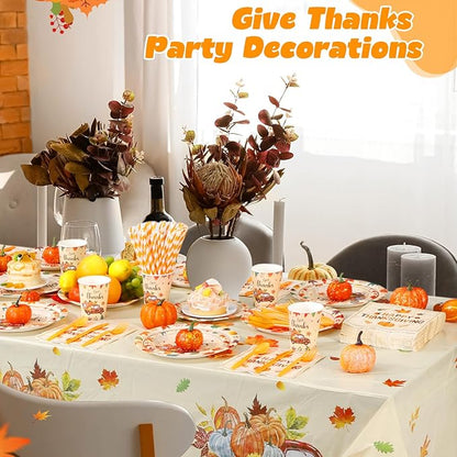 452 Pcs Happy Thanksgiving Party Decorations for 50, Pumpkin Leaves Turkey Give Thanks Paper Plates Napkins Cups Tablecloth Cutlery Straws for Fall Harvest Thanksgiving Theme Party Supplies