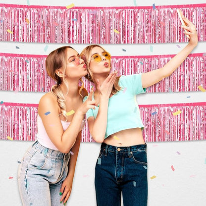 4 Pack 10 Feet Pink Foil Fringe Garland Metallic Tinsel Streamers Banner Wall Hanging Curtain Backdrop for Parade Floats, Wedding, Graduate, Mother's Day, Birthday Party Decoration