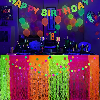 Mega-L Glow in The Dark Party Supplies, 2 Pack Neon Party Decorations Fluorescent Macaron Orange, Yellow and Fuchsia Wavy Metallic Tinsel Foil Fringe Table Skirts, Perfect Table Decors Glow Decors