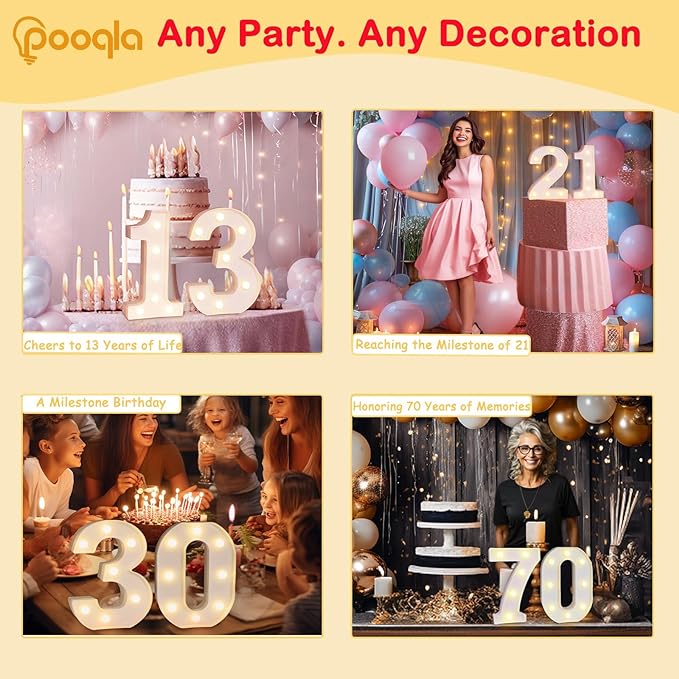 Pooqla Decorative LED Light Up Number Letters, White Plastic Marquee Number Lights Sign for 91th Birthday Party Wedding Decor, Battery Operated