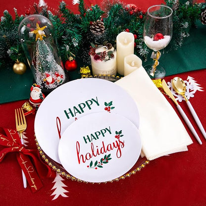 Supernal 150pcs Easter Plastic Dinnerware with Plastic Plates,White and Gold Silverware, Easter Disposable Party Plates with "Happy Holiday" Design for Festival Gatherings