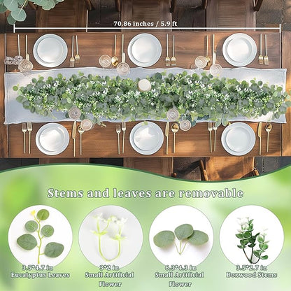 N&T NIETING 2 Pack Artificial Eucalyptus Garland with Flowers, Faux Greenery Garland Decor 6FT Eucalyptus Vines, Fake Hanging Vines Summer Garlands for Mantle Wedding Backdrop Decorations