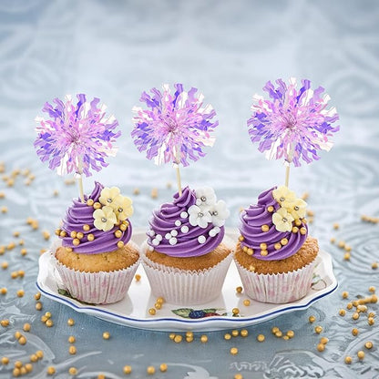 Ephlyn 30Pcs Foil Firework Cupcake Toppers Sparkle Tinsel Cupcake Picks Happy Birthday Cake Decorations Drink Stirrers Cocktail Food Fruit Toothpicks for Baby Shower Graduation Party Supplies Purple