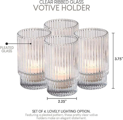 Serene Spaces Living Ribbed Glass Votive Holders – Elegant Pleated Candle Holders for Tea Lights, Votive Candles – Decorative Glass Holders for Home, Weddings, 3.75" Tall and 2.25" Diameter, Set of 4