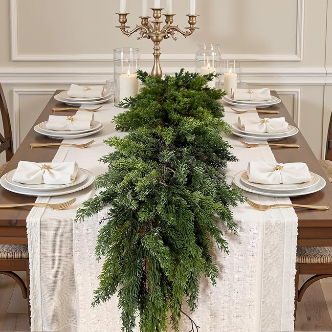 6FT Artificial Christmas Garland, Realistic Greenery Cypress Pine Garland for Mantle Table Railing Fireplace Indoor Outdoor Christmas Decoration