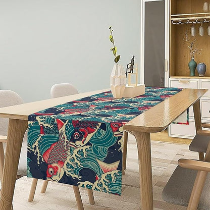 Kio Fish Table Runner Waves Japanese Tradition Art Printed Burlap Runner Home Kitchen Dining Table Living Room Decor Fabric 1 Panel W13xL90in