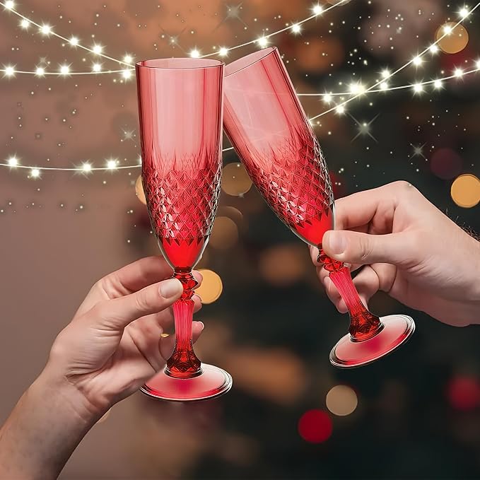 Plastic Champagne Flutes, 12PCS Dark Red Wine Glasses Goblets Cups Reusable Flute, for Christmas Weddings Bachelor Parties Toasting and Events(12, Dark Red)