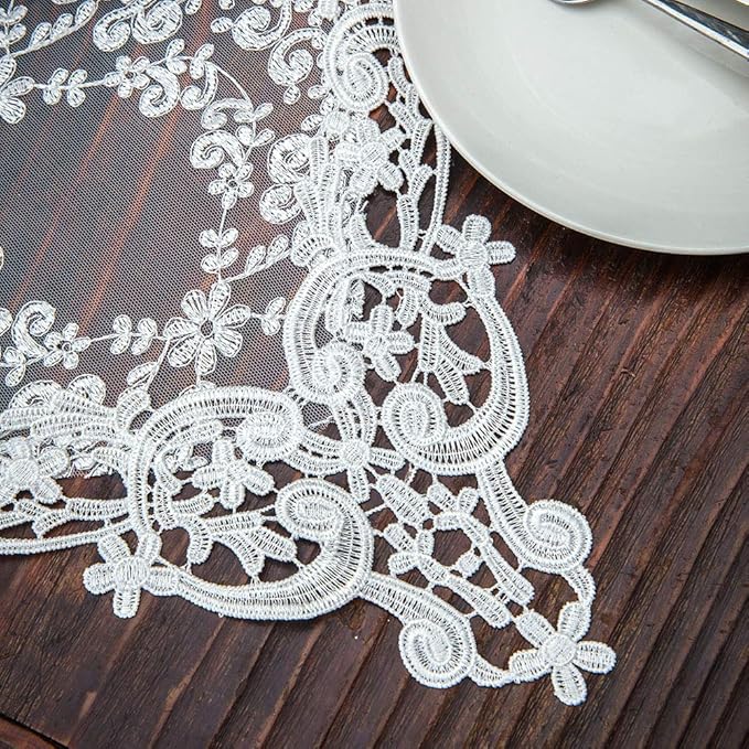 ARTABLE Rectangle Table Runner Lace Macrame Embroidered Table Runners with Exquisite Vintage Shabby Chic for Holiday Wedding Long Dinner Tables (White, 12 x 96 Inch)