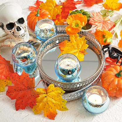 Homemory 24 Pcs Blue Votive Candle Holders, Round Mercury Glass Candle Holder, Tealight Candle Holders for Table Centerpieces, Baby Showe, Anniversary, Wedding, Home Decor, Halloween, Christmas