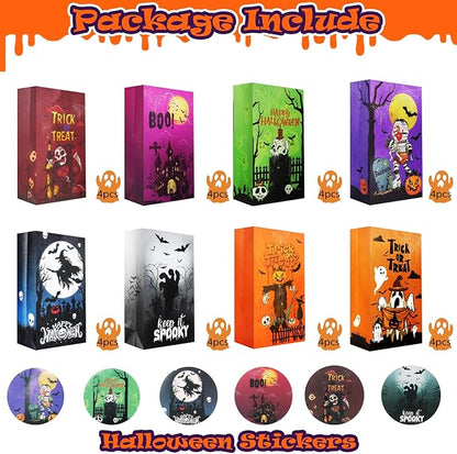 Halloween Treat Bags - 32Pcs Halloweens Trick or Treat Goody & Goodie Bag for Candy with Stickers, Halloween Party Favors Paper Trick or Treating Gifts Bags Halloween Candy Bags Party Supplies