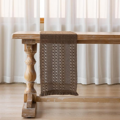Boho Brown Table Runner for Home Decor 12x48 Inches Farmhouse Macrame Burlap Jute Rustic Dining Kitchen Centerpiece Bohemian Decor French Country Baby Bridal Shower Decorations
