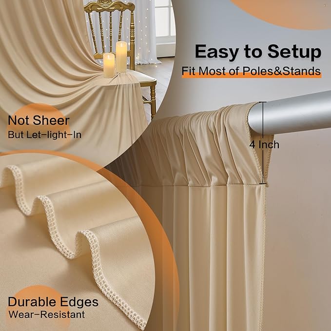 20×12 ft Wrinkle Free Beige Backdrop Curtain for Weddings Parties, 4 Panels 12ft Silky Polyester Wedding Drapes Backdrop Photo Back Drop Cloth for Birthday Baby Shower Photography Backgrounds