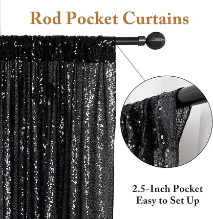 ShinyBeauty Sequin Curtains 4 Panels Black Backdrop Curtain Sequin Backdrops Sparkle Fabric Shimmer Photo Background for Halloween Parties Decor (2FTx8FT)