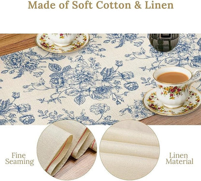 Floral Table Runner, Retro Blue Flower Chinoiserie Sketch Pattern Print Table Runner for Kitchen Dinning Table Runner Decor Home Wedding Party Holiday, 13x108 Inch
