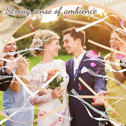 Taiyin 150 Pcs Lace Ribbon Stick Wands Wedding Wand Streamers with Bell Silk Ribbon Fairy Wand Wedding Send Off Streamer for Baby Shower Holiday Party Favors(Champagne, Beige)