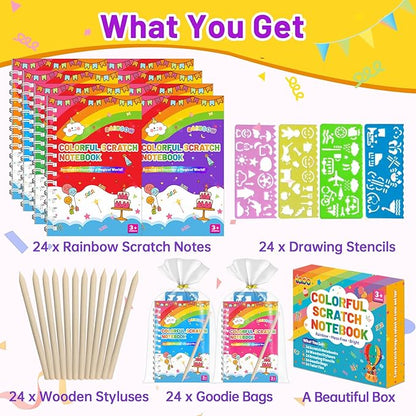 Party Favors for Kids: 24 Pack Scratch Art Notebooks with Rainbow Colors, 2-in-1 Coloring & Scratch Books, Bulk Birthday Gifts, Goodie Bags, Classroom Prizes for Boys & Girls