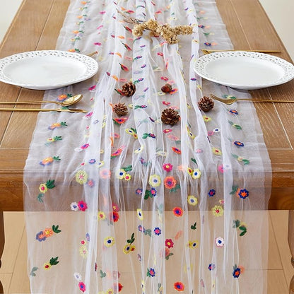 JIALE 3 Pack Ivory Floral Table Runner, Embroidery Daisy Seasonal Table Decorations, 120Inch 10FT Tulle Fabric for Home Decor, Bridal Shower Wedding, Baby Shower Parties, DIY Craft