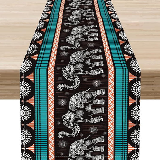 Boho Elephant Table Runner, Vintage Tribal Traditional Bohemian African Animals Ethnic Folk Table Center Decor for Home Kitchen Dining Patio Holiday Party Indoor Table Decorations, 13"x36" Inch
