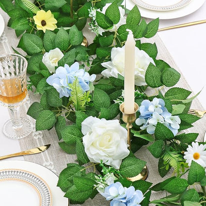 Dremisland 2PCS Artificial Rose Vine Fake Flower Garland 6FT Faux Silk Rose Hanging Vine Floral Garland Daisies Hydrangeas Ivy Vines for Wedding Party Wall Arch Garden Background Decor