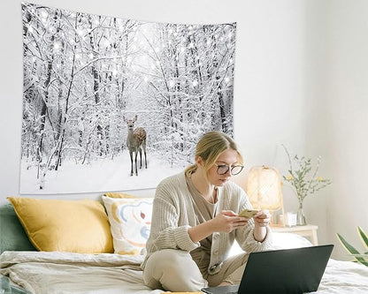 QGHOT Winter Tapestry Wall Hanging Snow Scene Backdrop Winter Wonderland Wall Decor Snowy Forest Wall Art Nature Woodland Deer Tapestry for Bedroom Room Dorm Party Decoration