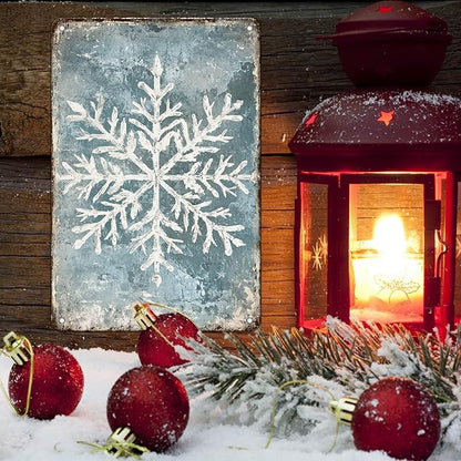 Vintage Christmas Tin Sign - Winter Snowflakes Metal Tin Sign - Wall Decor Sign for Outdoor Snowflake Christmas Decoration - 8x12Inch