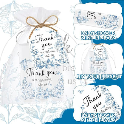 50 PCS Blue Flower Bridal Baby Shower Lip Balm Gift Baby Shower Favor Party Wedding and Engagement Party Bulk Lip Balm Thank You Gifts with Card Tags for Guests (blue flower)