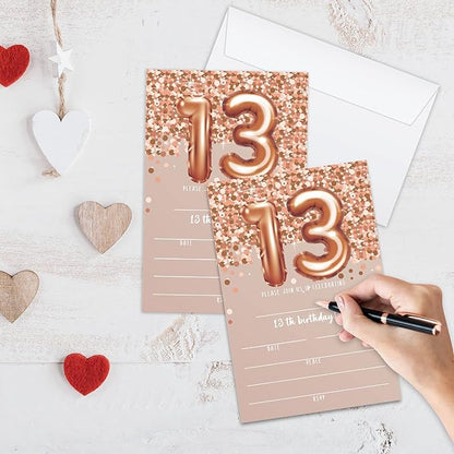 13th Birthday Invitation Cards, Rose Gold Glitter 13th Birthday Party Invites, Kids Happy Birthday Party Decorations Supplies, 20 Fill-in Cards with Envelopes for Boys or Girls Party Celebration - C05