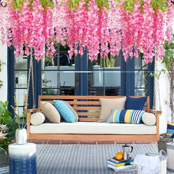24 Pack Artificial Fake Wisteria Vine Ratta (3.75 Feet) Hanging Garland Silk Flowers String Home Party Wedding Decor (Deep Pink)