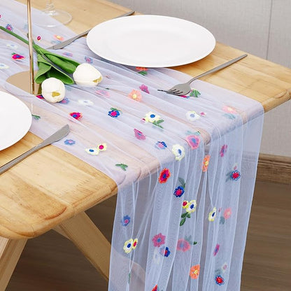Blue Floral Table Runner 10 FT, Embroidery Daisy Table Runners Seasonal Sheer Tulle Table Runner for Thanksgiving Wedding Birthday Baby Shower Party ﻿