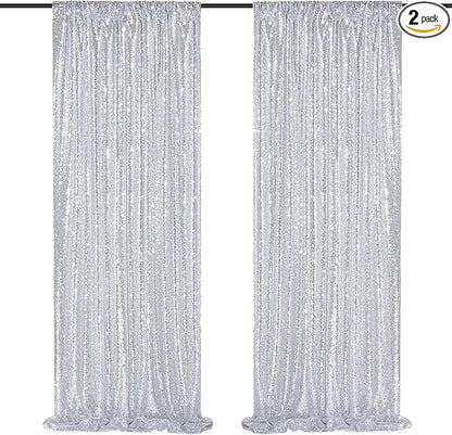 Silver Sequin Backdrop 2 Panels 2FTx8FT Christmas Party Backdrop Curtains Glitter Photo Background for Wedding Baby Shower Stage Decorations