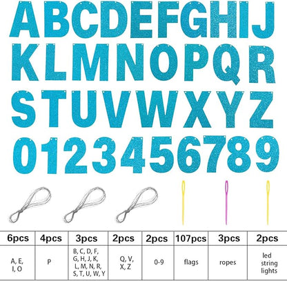 TaoBary 112 Pcs DIY Letter Kit Glitter Customizable Banner Letters Include 107 Letters and Numbers 3 Rope and 2 Needles for Birthday Halloween Christmas Wedding Valentine Party Decor(Baby Blue)