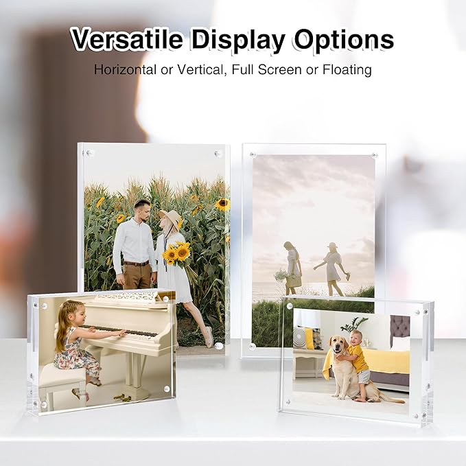 HOUSE DAY Acrylic Picture Frames 8x10, 2 Pack Magnetic 8x10 Picture Frame, Double Sided Clear 8 x 10 Photo Frame with Microfiber Cloth, Frameless FreeStanding 8x10 Frame Gift for Desktop Display