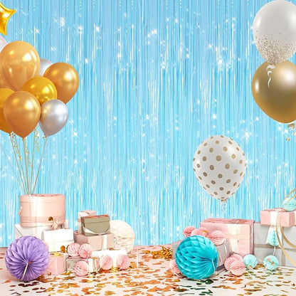 GCB 2Pack Macaron Blue Metallic Tinsel Foil Fringe Curtains, Pastel Blue Door Streamers Photo Booth Backdrop for Birthday Party, Tinsel Curtain Backdrop for Baby Shower Bachelorette Party Decorations