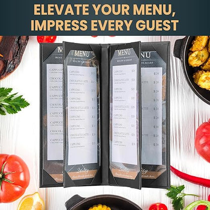 12 Pack 6 View Menu Holder Menu Covers 4.25" x 11" | Black Leather Menu Sleeves Book Style for Restaurant Coffee Bars Wine List