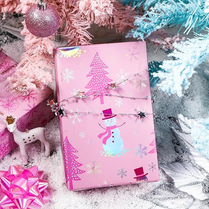LeZakaa Christmas Pink Wrapping Paper Mini Roll, Snowman Christmas Tree & Snowflake Metallic Foil, Rose Gold Foil Reversible Design for Festive Winter Holiday, Family Gathering, 17 inches x 32.8 Feet
