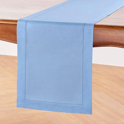 Solino Home Linen Cornflower Blue Hemstitch Table Runner 60 Inches - 100% Pure Linen Small Table Runner 14 x 60 Inch Ideal for Dresser and Coffee Tables - Classic Hemstitch - Christmas, Holiday