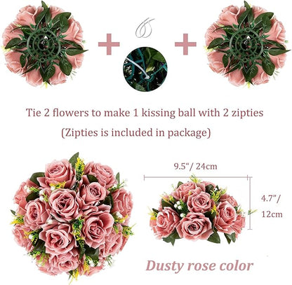 BLOSMON Flower Ball Centerpieces for Wedding: 10 Pcs Dusty Pink Fake Roses Flowers Artificial for Table - Silk Kissing Bouquet Floral Arrangement Center for Home Party Event Decor