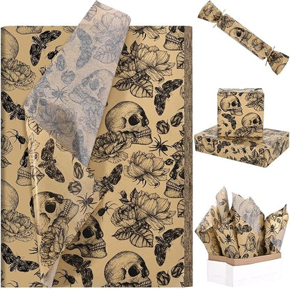 100 Sheets 20 * 14 Inches Vintage Halloween Tissue Paper Kraft Gothic Floral Skull Moth Spider Printed Tissue Paper for Gift Wrapping Spooky Decorative Tissue for Halloween Party DIY Craft Supplies