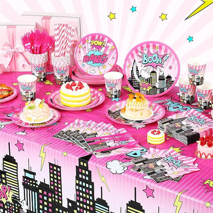 452 Pcs Girl Birthday Decorations for 50 Guests Pink Hero Paper Plates Napkins Cups Tablecloth Cutlery Straws for Pink Hero Girl Birthday Baby Shower Party Supplies