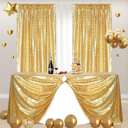 Poise3EHome Gold Sequin Backdrop Curtains,4 Panels 2FTx8FT Glitter Background for Party Birthday Party Baby Shower Wedding Christmas Thanksgiving Halloween Holiday Festival Decor