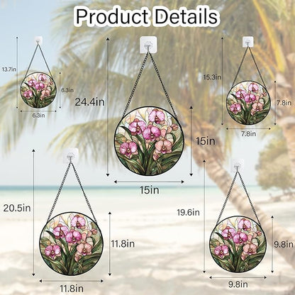 Stained Glass Window Hanging - Pink Phalaenopsis Orchid Green Leaves Sun Catcher for Door Home Decor Flower Suncatcher Christmas Mother's Day Birthday Gifts for Women Men Mom Nana 15 in