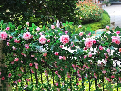 6FT Pink Flower Garland Artificial Rose Vines Hanging Floral Garland for Home Decor Wall Trellis Fence Wall Decoration (Pink 2pcs)
