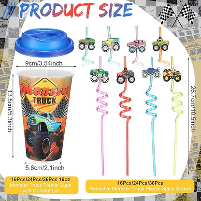 Yungyan 36 Sets Monster Truck Party Favors Goodie Cups with Lids and Straws for Birthday Decorations Reusable 16oz Plastic Candy Cups Plastic Straws for Birthday Party (Truck)